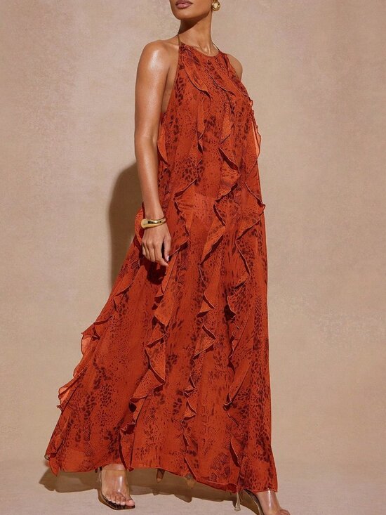 Dresses & Skirts - Multicolor Casual Women's All-Over Print Halter Neck Tie-Up Backless Maxi Dress